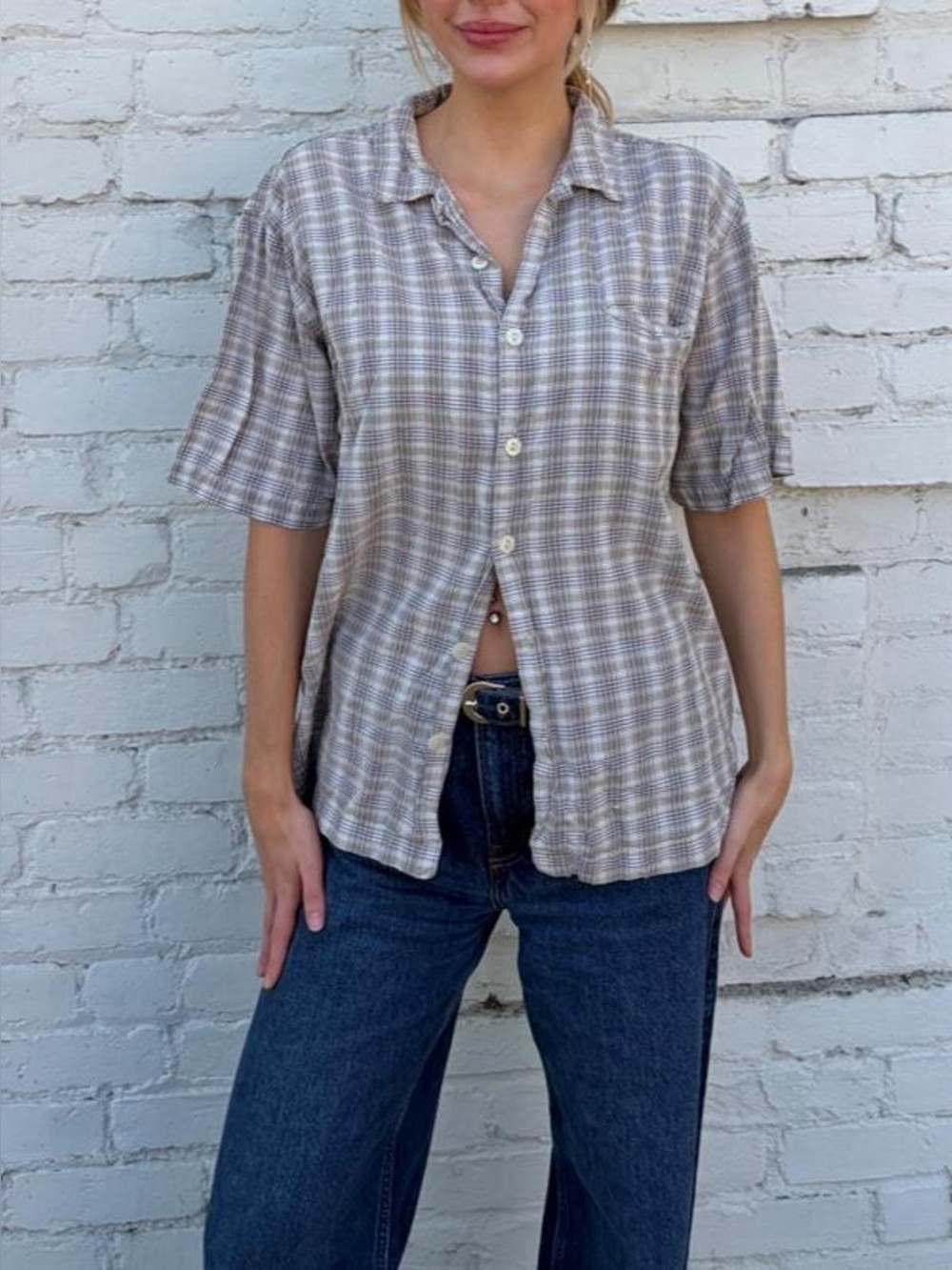 Vtg retro Express beige plaid button up shirt one size #plaid #preppy #western #